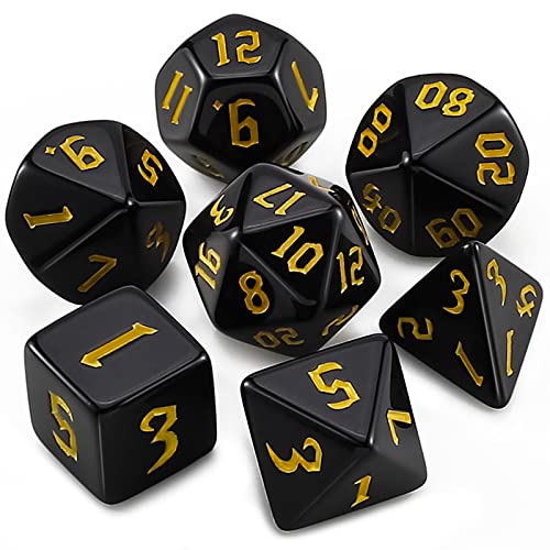 QMAY DND Dice Polyhedral Dice Set - 7 Pieces for Dungeon and Dragons MTG RPG D&D D20, D12, D10, D%, D8, D6, D4 (Schwarz + Gelbe Schriftzug) von QMay