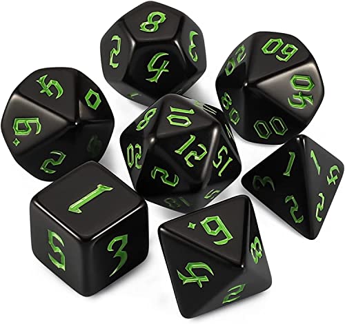 QMAY DND Dice Polyhedral Dice Set - 7 Pieces for Dungeon and Dragons MTG RPG D&D D20, D12, D10, D%, D8, D6, D4 (Schwarz + Grüner Schriftzug) von QMay