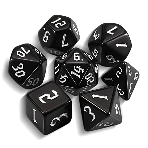 QMAY DND Dice Polyhedral Dice Set - 7 Pieces for Dungeon and Dragons MTG RPG D&D D20, D12, D10, D%, D8, D6, D4 (Schwarzer + Weißer Schriftzug) von QMay