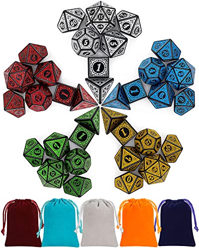 QMAY DND Würfel, 5x7 Set (35 Stück) Vintage Gravur Serie Polyedrische Würfel Set mit 5 Beuteln, für Dungeon and Dragons MTG Tischspiele RPG DND D4 D6 D8 D10 D% D12 D20 von QMay