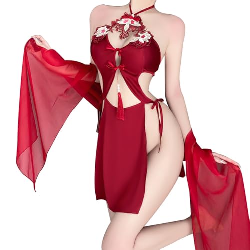 QNCLO Frauen Cosplay Sexy Retro Chinesisches Kleid Dessous Japanische Geisha Club Make-up Ball Kostüm (Rot) von QNCLO