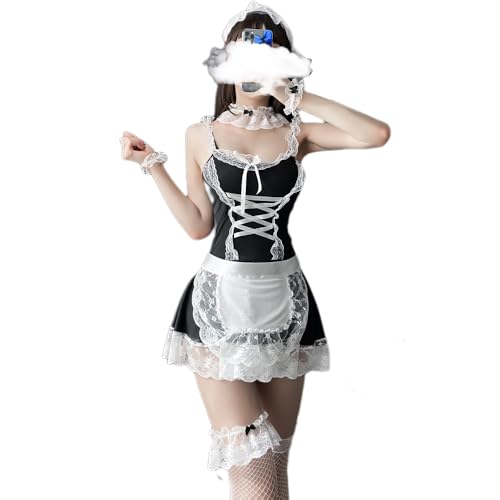 QNCLO Sexy französische Dienstmädchen-Unterwäsche für Damen, Cosplay, Make-up-Ball, schelmische Schürze, Spitzenmädchen-Kleidung (schwarz1) von QNCLO