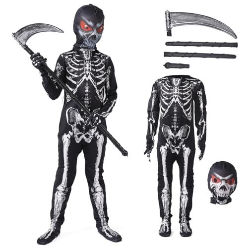 Uni-Kinder-3D-Skelett-Overall, Knochen, Halloween-Kostüm mit Maske und Sichel, Schwarz, 10–12 Jahre von QPCOS