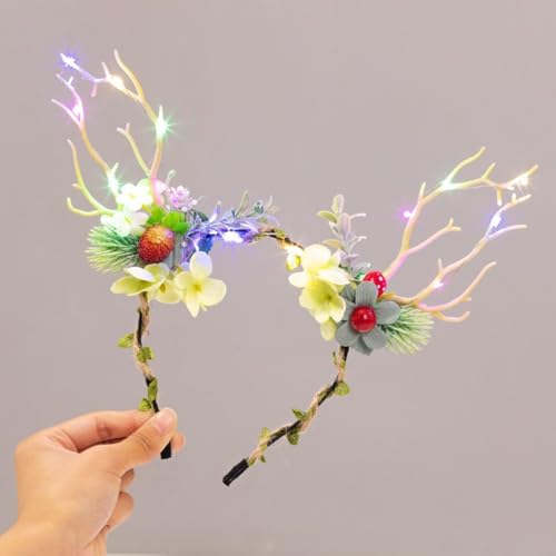 QQY Weihnachts-Stirnband, 2 Stück, Geweih, Weihnachts-Stirnband, beleuchteter LED-Blumenkranz, Kopfschmuck, Waldfee, Fotografie, Haarreifen für Damen, Größe X) von QQY