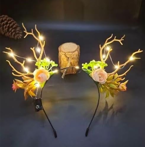 QQY Weihnachts-Stirnband, 2 Stück, Geweih, Weihnachts-Stirnband, beleuchteter LED-Blumenkranz, Kopfschmuck, Waldfee, Fotografie, Haarreifen für Frauen (B) von QQY