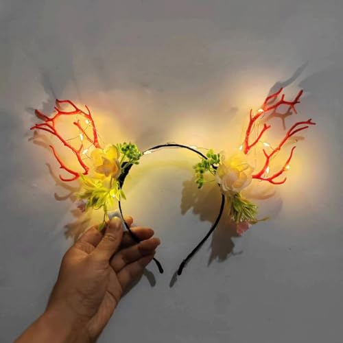 QQY Weihnachts-Stirnband, 2 Stück, Geweih, Weihnachts-Stirnband, beleuchteter LED-Blumenkranz, Kopfschmuck, Waldfee, Fotografie, Haarreifen für Frauen (E) von QQY