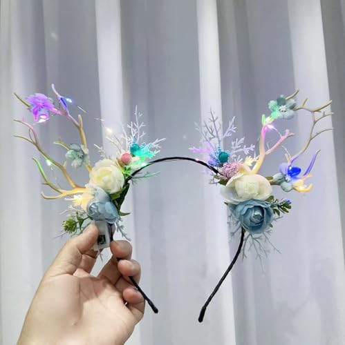 QQY Weihnachts-Stirnband, 2 Stück, Geweih, Weihnachts-Stirnband, beleuchteter LED-Blumenkranz, Kopfschmuck, Waldfee, Fotografie, Haarreifen für Frauen (K) von QQY