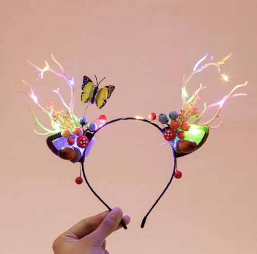 QQY Weihnachts-Stirnband, 2 Stück, Geweih, Weihnachts-Stirnband, beleuchteter LED-Blumenkranz, Kopfschmuck, Waldfee, Fotografie, Haarreifen für Frauen (U) von QQY