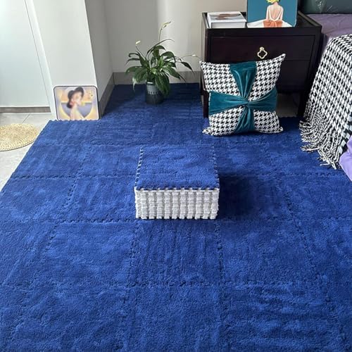 30 Stück Fuzzy 12x12 Zoll Teppichquadrate, ineinandergreifende Plüsch-Bodenfliesen, Puzzleteil-Bodenmatte, Puzzlematte für Spielzimmer, Wohnzimmer, Marineblau, 0,39 Zoll von QQYYLI