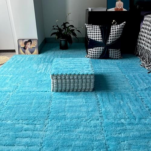 30 Stück Fuzzy 12x12 Zoll Teppichquadrate, ineinandergreifende Plüschbodenfliesen, Puzzleteil-Bodenmatte, Puzzlematte für Spielzimmer, Wohnzimmer, Blau, 0,39 Zoll von QQYYLI