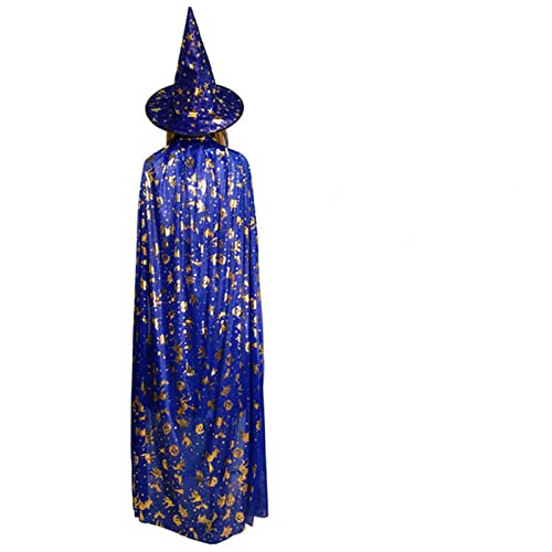 QRXALISA Hexen Hut Frauen Halloween-Kostüme Zauberer-Hexe-Mantel-Kap-Robe-Kappe mit spitzen Hut Mädchen Jungen Cosplay-Kleid-Mäntel for Geburtstagsfeier Hexen Hut Braun(Set blue,120cm) von QRXALISA