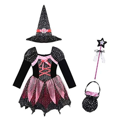 QRXALISA Hexen Hut Frauen Mädchen Halloween Hexe Kostüm Funkeln Silber Sterne Gedruckt Karneval Cosplay Kleid mit spitzem Hut Zauberstab Kleidige Kleidung Hexen Hut Braun(100cm) von QRXALISA