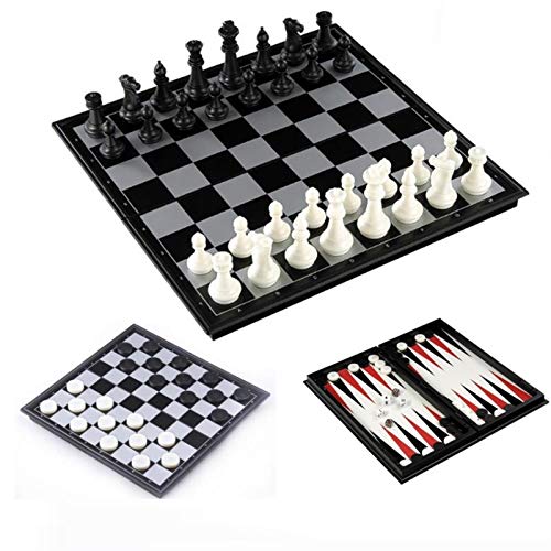 QTANZIQI Internationales Schach und Dame und Backgammon 3 in 1 Plastikschachspiel Reiseschachspiel Schachfiguren Klappschachbrettspielset Internationale Schachfiguren/25 * 25 * 2 cm von QTANZIQI