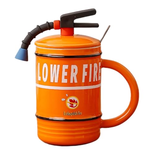 Feuerlöscher-Kaffeetasse – dekorative Keramiktasse mit Deckel | 12,1 x 8 cm große Neuheitstasse | Kreative Tasse für Männer und Frauen | Lustige Löffel und Deckel, Feuerwehrmann-Geburtstagsparty von QTFYE