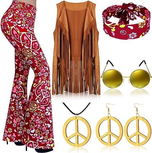 QTUN 7 Stück 60er 70er Jahre Hippie Bekleidung für Damen Hippie Kostüm Set mit Boho Schlaghosen Fransenweste Stirnband Hippie Kostüme Zubehör 70er Jahre Disco Outfit für Halloween Karneval Cosplay von QTUN