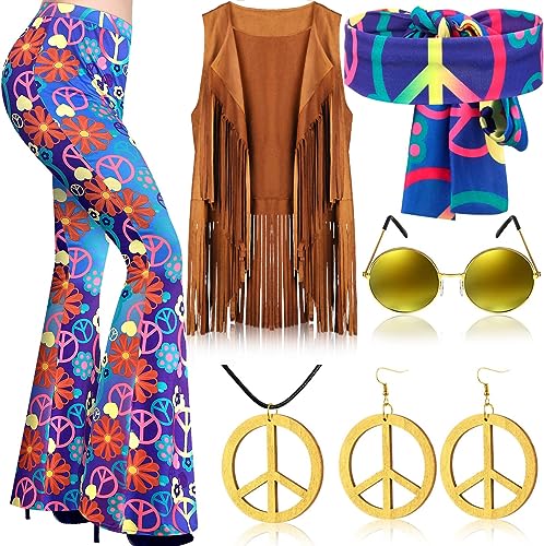 QTUN 7 Stück 60er 70er Jahre Hippie Bekleidung für Damen Hippie Kostüm Set mit Boho Schlaghosen Fransenweste Stirnband Hippie Kostüme Zubehör 70er Jahre Disco Outfit für Halloween Karneval Cosplay von QTUN