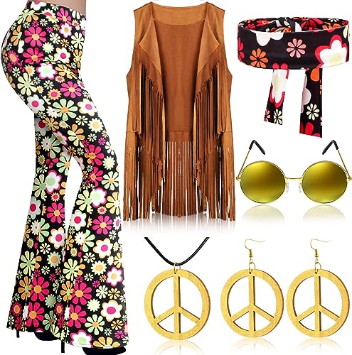 QTUN 7 Stück 60er 70er Jahre Hippie Bekleidung für Damen Hippie Kostüm Set mit Boho Schlaghosen Fransenweste Stirnband Hippie Kostüme Zubehör 70er Jahre Disco Outfit für Halloween Karneval Cosplay von QTUN