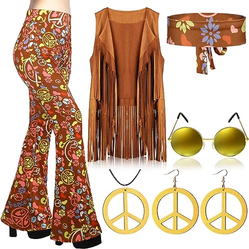 QTUN 7 Stück 60er 70er Jahre Hippie Bekleidung für Damen Hippie Kostüm Set mit Boho Schlaghosen Fransenweste Stirnband Hippie Kostüme Zubehör 70er Jahre Disco Outfit für Halloween Karneval Cosplay von QTUN