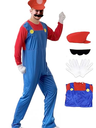 QUANTHRAN Super Bros Kostüm Erwachsene für Halloween Cosplay mit Bart und Handschuhen Rot Klein von QUANTHRAN