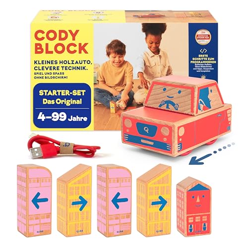 QUBS | Starter-Set | Spielend leicht Programmieren für Kinder mit Block-Auto Cody | Lernspielzeug aus Holz für Jungen und Mädchen | Erkunde Dein Zuhause spielerisch mit nachhaltigen RFID-Blöcken | von QUBS