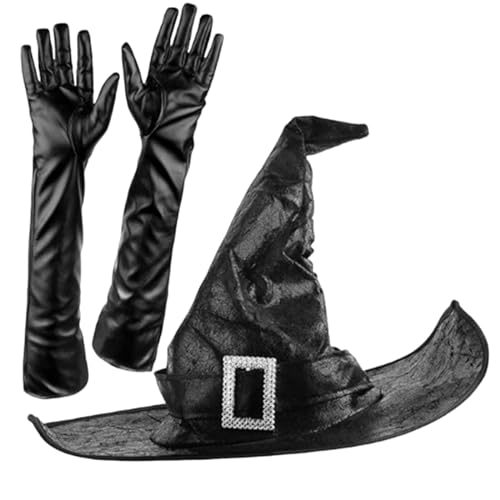 QUEENYARD Uni Halloween Twists Zauberer Hexenhut mit langem Handschuh Twists Zauberer Hut Frauen Cosplay Hexe Festivals Party Werkzeug von QUEENYARD