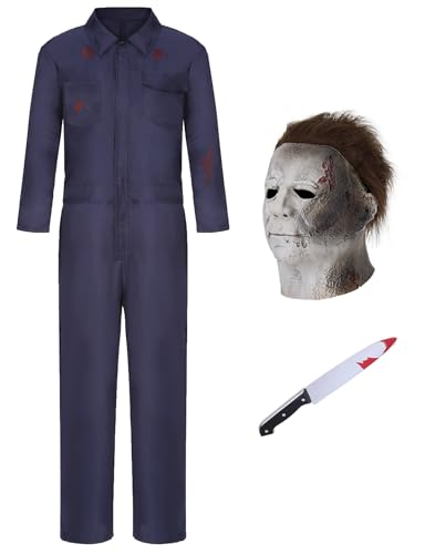 Michael Myers Kostüm für Erwachsene, Herren, mit Blutmaske, Messer, gruseliges Halloween-Kostüm, Overall, Cosplay, Overall, Horror-Requisiten, QM018S von QUJQOM