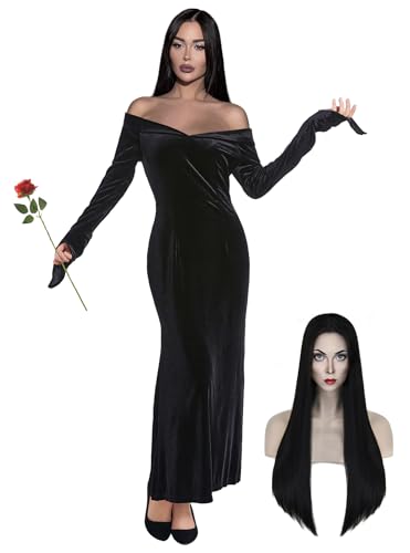 QUJQOM Halloween-Kostüm für Morticia Addams für Damen, Erwachsene, schwarzes Gothic-Kleid mit V-Ausschnitt, niedliches, weiches schwarzes Kleid für Kostüm, Cospaly, QM045M von QUJQOM