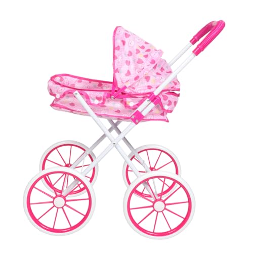 QUMIIRITY Babypuppen-Kinderwagen, Spielzeug-Kinderwagen, Niedliches Rosa Muster, Zusammenklappbarer Kinderwagen, Faltbare Puppen, Baldachin, Realistischer Rollenspiel-Kinderwagen von QUMIIRITY