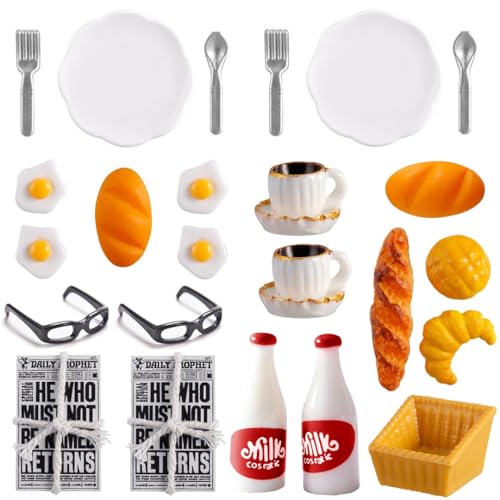 Miniatur Wichtel Zubehör, 24 Stück Puppenhaus Wichteltür Frühstück Set 1/12 Mini Geschirr Besteck Teller Eier Milch Brot Tasse Zeitung Messer Gabel, Weihnachten Küche Zubehör Essen Deko Geschenk von QUOHE