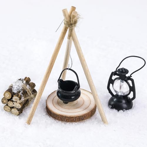 Wichtel Zubehör, Miniatur Weihnachten Lagerfeuer Brennholz Kessel Bonfire Feuerstelle Schnee Set, Mini Werkzeug 1:12 Weihnachts Halloween Wichtelzubehör für Wichteltür Puppenhaus Deko Geschenke von QUOHE