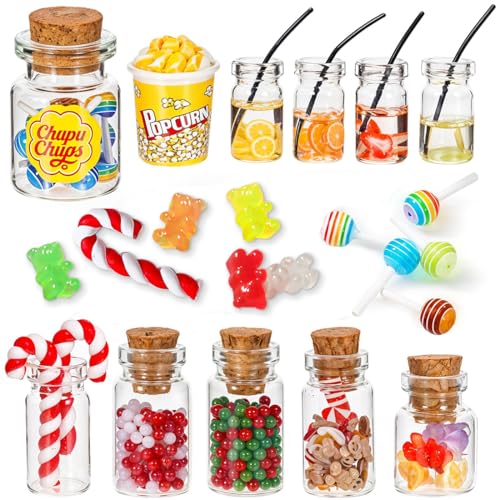 Wichtel Zubehör, Miniatur Weihnachten Süßigkeiten und Trinken Set mit Lolli Gummibärchen für Weihnachtsmarkt, Mini 1:12 Süßigkeitenstände Weihnachts Wichtelzubehör für Wichteltür Puppenhaus Deko von QUOHE