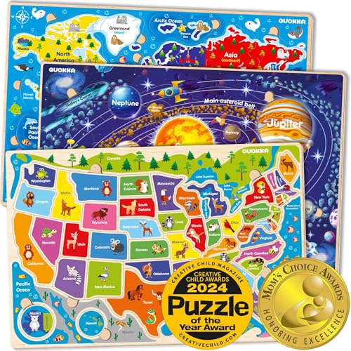 Holzpuzzle ab 3 4 5 Jahre - 3 Set Kinderpuzzle von QUOKKA - Kinder Spielzeug Weltraum Landkarten Europa und Weltkarte - Geschenk für Jungen und Mädchen ab 6 7 8 von QUOKKA