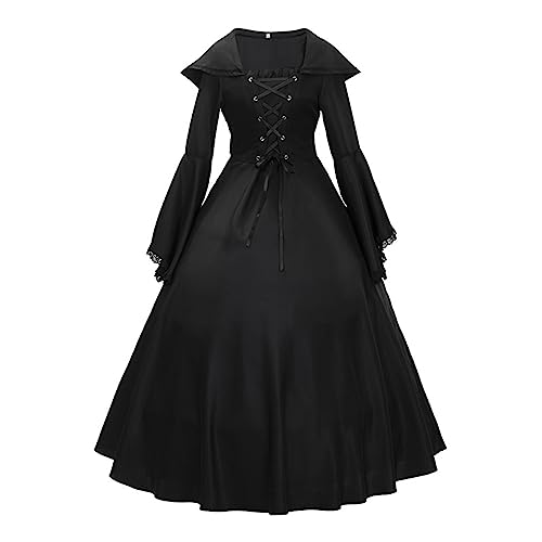 QVNXVO Gothic Kleidung Damen Elegant Retro KleiderKapuzenkleid Halloween Gothic Retro Mittelalter Kleid mit Spitzenglockenärmeln Halloween Karneval Kostüm von QVNXVO