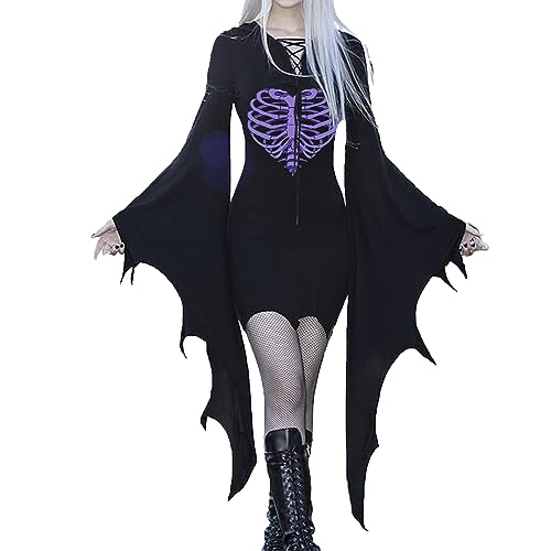 QVNXVO Gothic Kleidung Damen Halloween Cosplay Kostüm Mittelalter Fledermausärmel Retro Glockenärmel Minirock Kleid Vampir Hexenkleid von QVNXVO