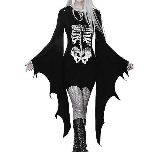 QVNXVO Gothic Kleidung Damen Halloween Cosplay Kostüm Mittelalter Retro Fledermausärmel Glockenärmel Minirock Kleid Party Kostüm Halloween Karneval Kostüm von QVNXVO