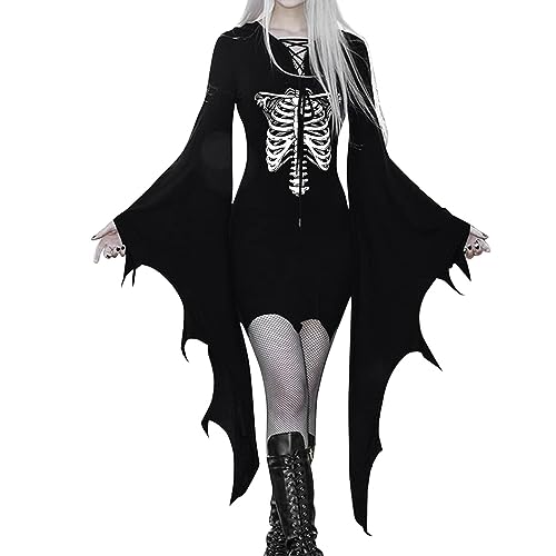 QVNXVO Gothic Kleidung Damen Halloween Cosplay Kostüm Mittelalter Retro Fledermausärmel Glockenärmel Minirock Kleid Party Kostüm Halloween Osterwoche Karneval Kostüm von QVNXVO