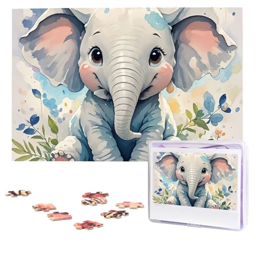 Puzzles, 1000 Teile (74,9 x 50 cm), personalisiertes Puzzle, niedlicher Baby-Elefant, Aquarell-Puzzle, anspruchsvolles Fotopuzzle mit Aufbewahrungstasche, Bilderpuzzle für Erwachsene und Familie von QVUEagriSJ