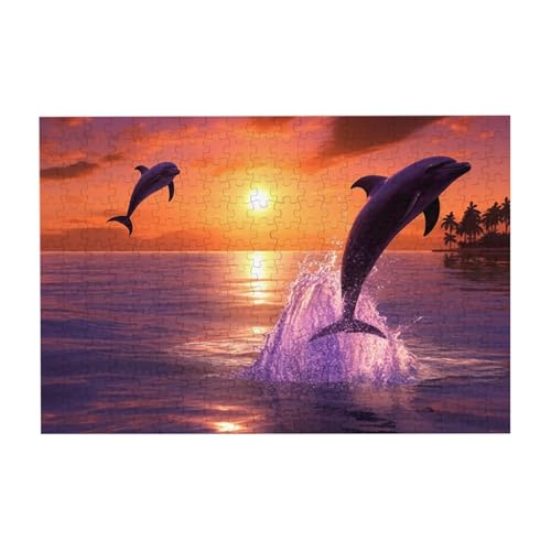 Puzzles, 300 Teile, 25,9 x 38,1 cm, personalisierbar, Sonnenuntergang, Delfine, Puzzle, anspruchsvolles Fotopuzzle mit Aufbewahrungstasche, Bilderpuzzle für Erwachsene, Familie von QVUEagriSJ