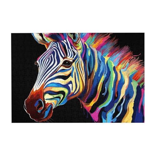 Puzzles, 300 Teile, 25,9 x 38,1 cm, personalisierbar, buntes Zebra auf schwarzem Hintergrund, herausforderndes Fotopuzzle mit Aufbewahrungstasche, Bilderpuzzle für Erwachsene und Familie von QVUEagriSJ