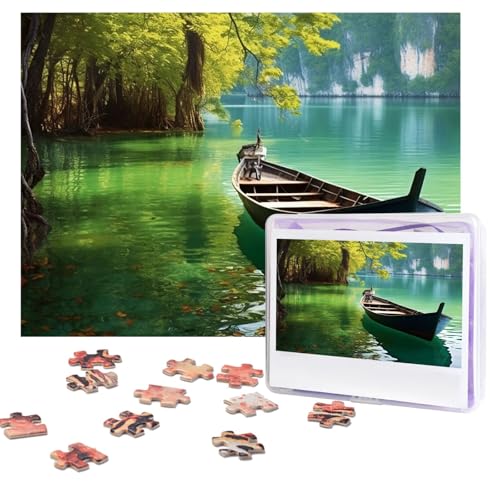 Puzzles, 500 Teile (51,8 x 38,1 cm), personalisierbar, grünes See, Boot, Puzzle, herausforderndes Fotopuzzle mit Aufbewahrungstasche, Bilderpuzzle für Erwachsene, Familie von QVUEagriSJ