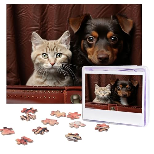 Puzzles, 500 Teile (51,8 x 38,1 cm), personalisierte Puzzle, Katze und Hund, sitzend auf Taschenpuzzle, herausforderndes Fotopuzzle mit Aufbewahrungstasche, Bilderpuzzle für Erwachsene, Familie von QVUEagriSJ