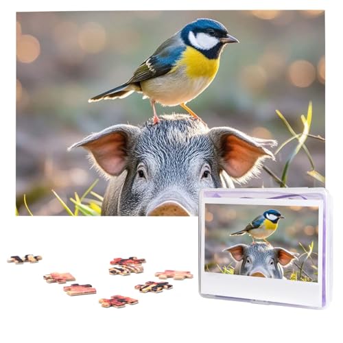 Puzzles 1000 Teile (74,9 x 50 cm), personalisiertes Puzzle, Vogel stehend auf Schweinekopf, herausforderndes Fotopuzzle mit Aufbewahrungstasche, Bilderpuzzle für Erwachsene und Familie von QVUEagriSJ