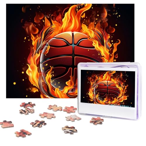 Puzzles 500 Teile (51,8 x 38,1 cm), personalisiertes Puzzle, Basketball-Logo mit Flammen, Puzzle, herausforderndes Fotopuzzle mit Aufbewahrungstasche, Bilderpuzzle für Erwachsene, Familie von QVUEagriSJ