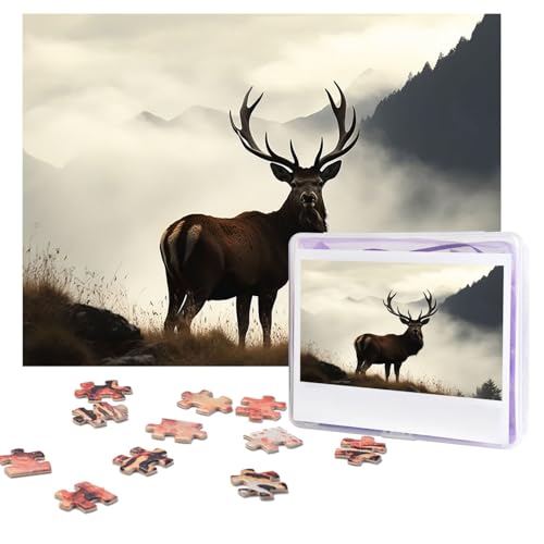 Puzzles 500 Teile (51,8 x 38,1 cm), personalisiertes Puzzle, Hirsch auf dem nebligen Berg, herausforderndes Fotopuzzle mit Aufbewahrungstasche, Bilderpuzzle für Erwachsene, Familie von QVUEagriSJ