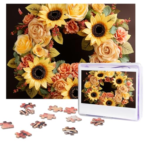 Puzzles 500 Teile (51,8 x 38,1 cm), personalisiertes Puzzle, Sonnenblumenkranz mit Rosen, Puzzle, anspruchsvolles Fotopuzzle mit Aufbewahrungstasche, Bilderpuzzle für Erwachsene, Familie von QVUEagriSJ