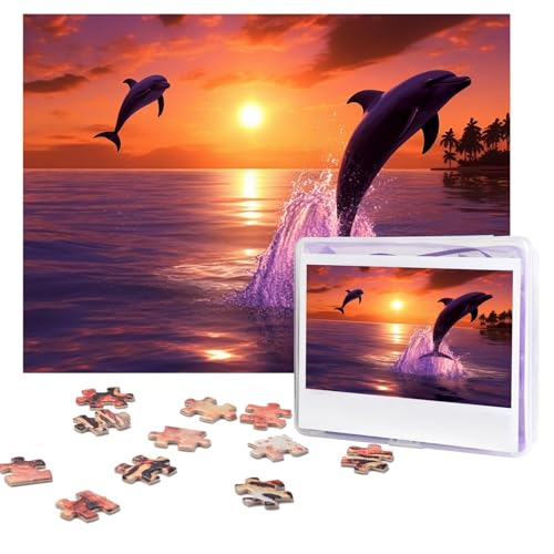 Puzzles 500 Teile (51,8 x 38,1 cm), personalisiertes Puzzle, Sonnenuntergang, Delfine, Puzzle, anspruchsvolles Fotopuzzle mit Aufbewahrungstasche, Bilderpuzzle für Erwachsene, Familie von QVUEagriSJ