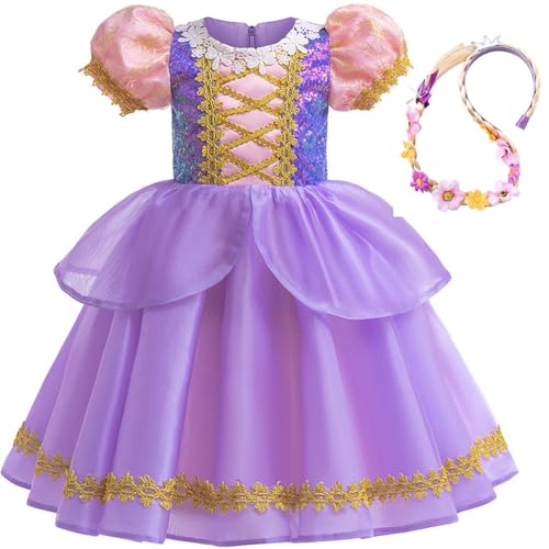 QWFWBSM Mädchen Rapunzel Prinzessin Kostüm Halloween Karneval Cosplay Geburtstag Party Kleid (Lila, 3-4T) von QWFWBSM