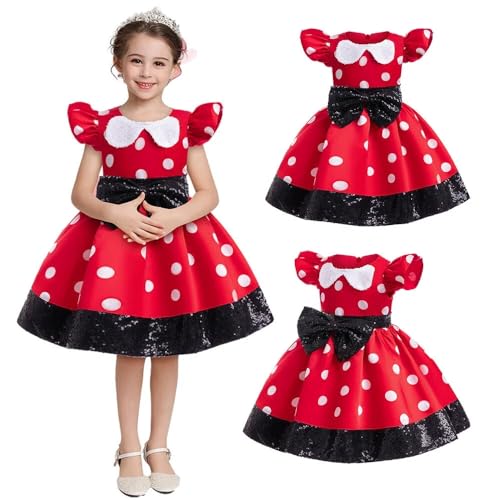 QWFWBSM Minnie-Kostüm für Mädchen, gepunktet, für Halloween, Weihnachten, Partykleid mit Stirnband (Rot, 6-7 Jahre) von QWFWBSM