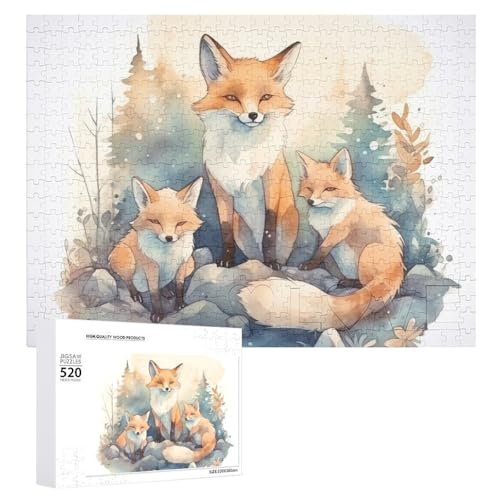 Puzzle für Erwachsene, 520 Teile, Aquarell-Fuchs, herausfordernd, Holzpuzzle, perfekt für Spielabende, fertige Puzzle-Größe: 50,5 x 38,1 cm von QWJKM