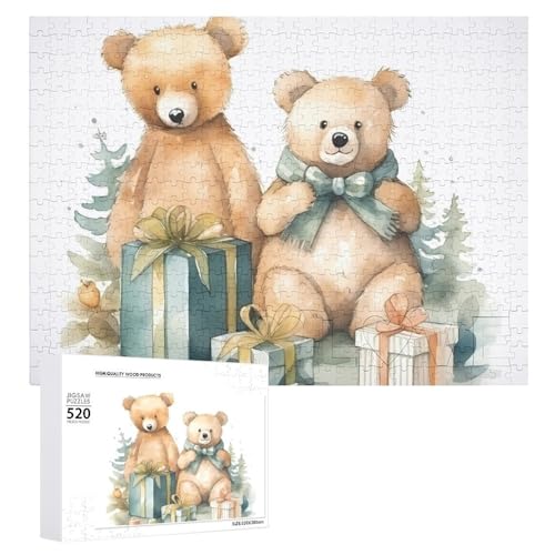 Puzzle für Erwachsene, 520 Teile, Bär und Geschenk, herausforderndes Puzzle, Holzpuzzle, perfekt für Spielabende, fertige Puzzle-Größe ist 50,5 x 38,1 cm von QWJKM